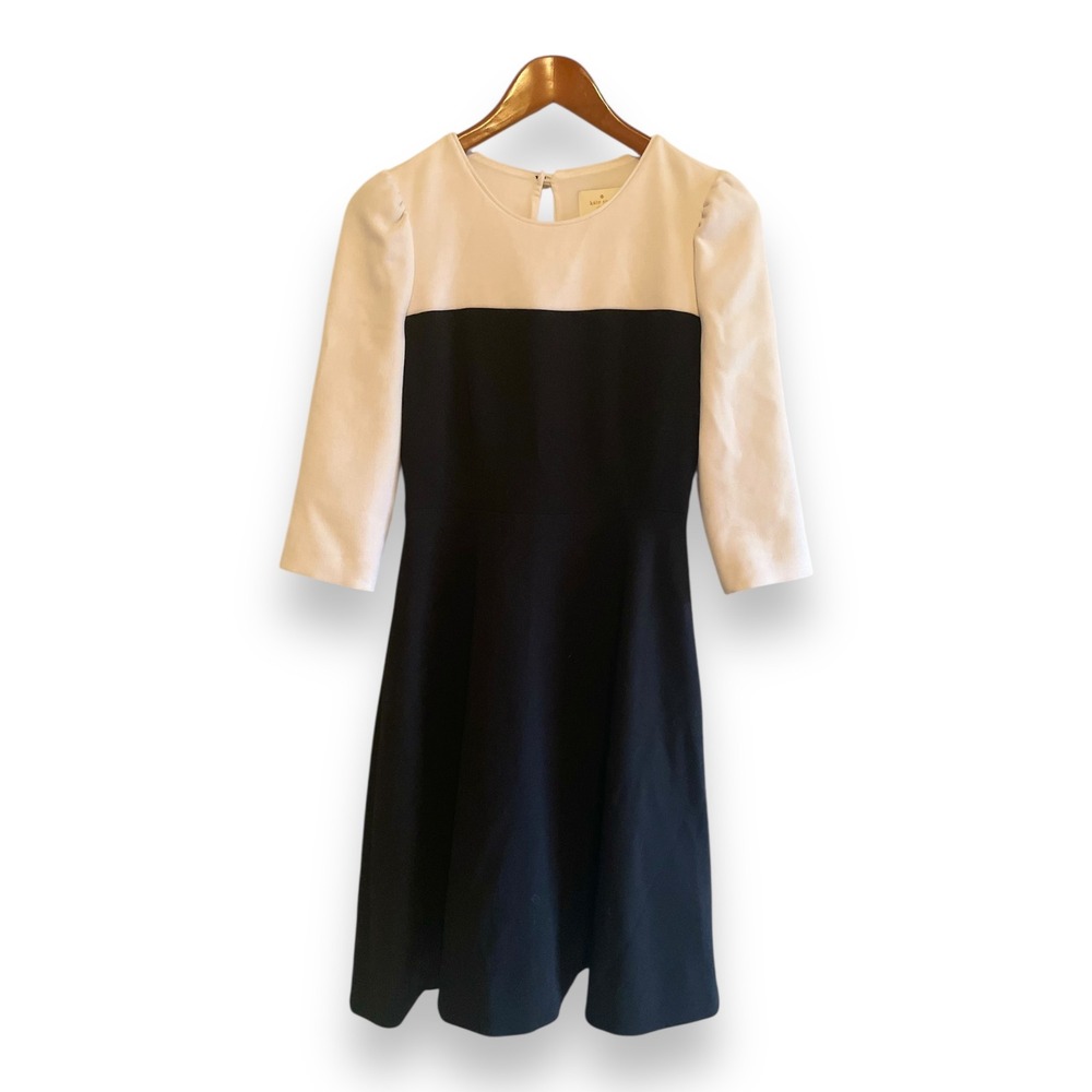 Kate Spade New York Olsen Colorblock Fit Flare Dress Cream Black 3/4 Sleeve Sz 2